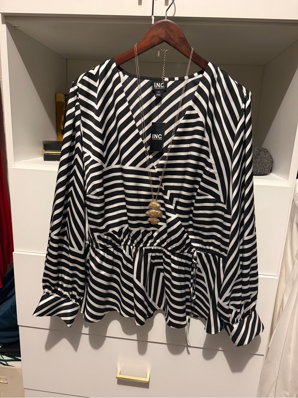 INC Black and White Striped Peplum Wrap Top and flowy pants
